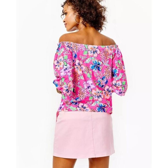 Lilly Pulitzer Lessa Blouse Top Off The Shoulder Smocked Floral Printed L 282319 - Picture 2 of 7